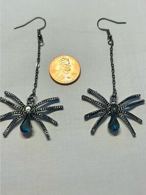Spider Teardrop Dangle Earrings with Sparkling Silver Starburst -